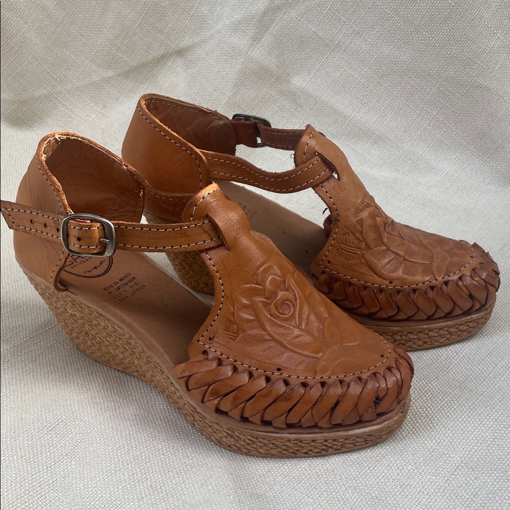 Women’s Tan Leather Wedges with Braided Design 7 - Picture 2 of 7